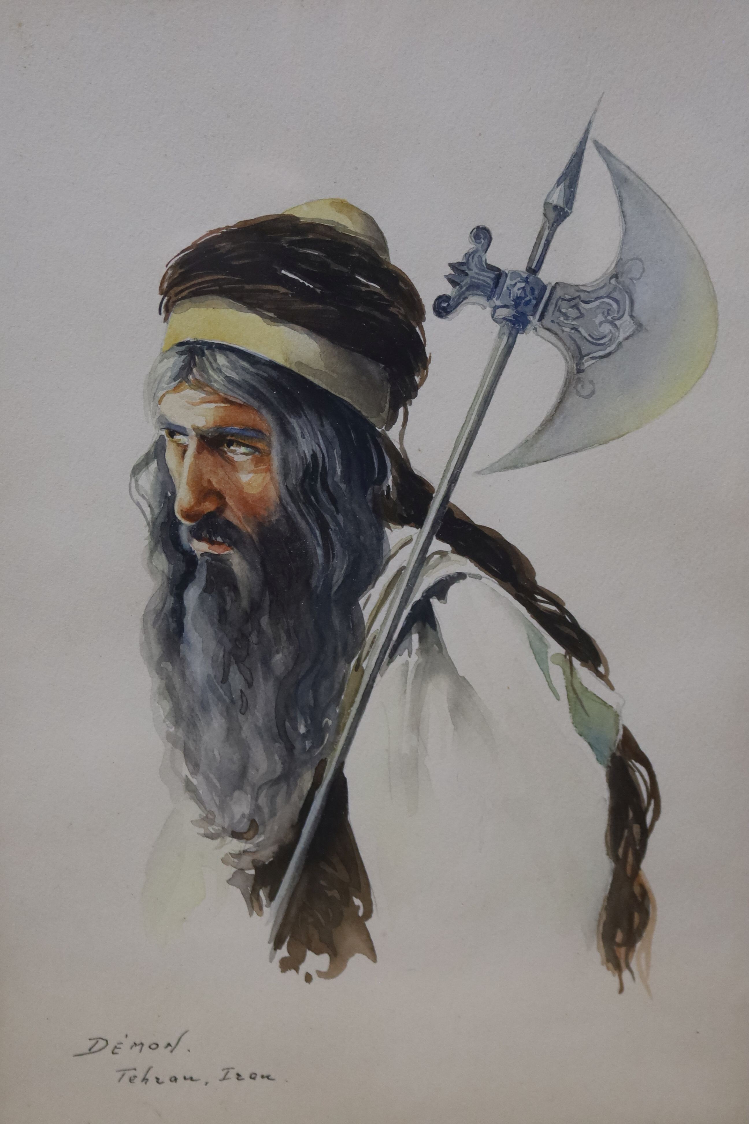 De'Mon (Iranian), watercolour, Portrait of an Iranian warrior, signed and inscribed 'Tehran, Iran', 28 x 19cm